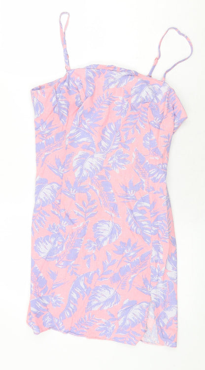 New Look Womens Pink Floral Cotton Mini Size 14 Square Neck Zip