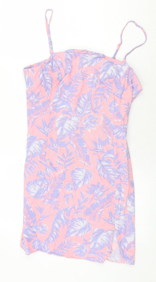 New Look Womens Pink Floral Cotton Mini Size 14 Square Neck Zip