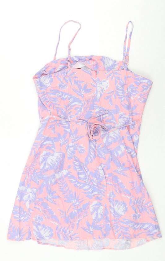New Look Womens Pink Floral Cotton Mini Size 14 Square Neck Zip