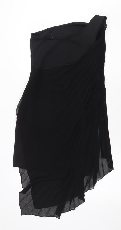 River Island Womens Black Herringbone Polyester Bodycon Size 10 One Shoulder Zip - Brooch