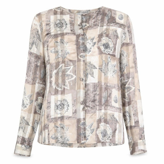 Martinique Womens Beige Floral Polyester Basic Button-Up Size 10 Round Neck