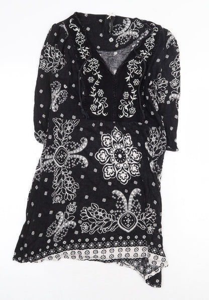 NEXT Womens Black Geometric Viscose A-Line Size 2XS V-Neck Pullover