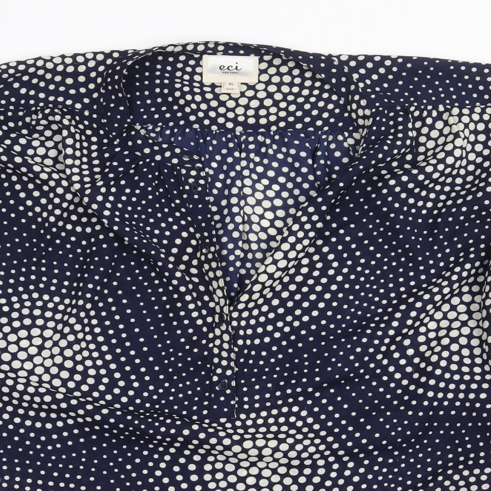 eci New York Womens Blue Geometric Polyester Basic Blouse Size XL V-Neck