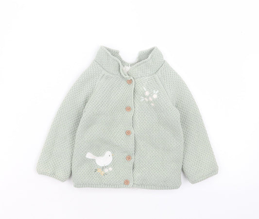Mothercare Girls Green Cotton Cardigan Jumper Size 6-9 Months Button