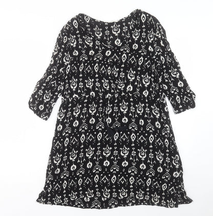 Mango Womens Black Geometric Viscose A-Line Size S Scoop Neck Button
