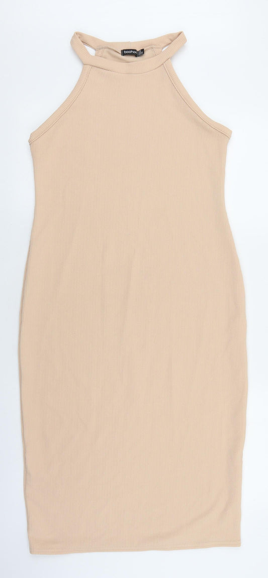 Boohoo Womens Pink Polyester Tank Dress Size 14 Round Neck Pullover - Ribbed