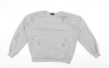 New Look Womens Grey Cotton Pullover Sweatshirt Size S Pullover - Ripped Detail