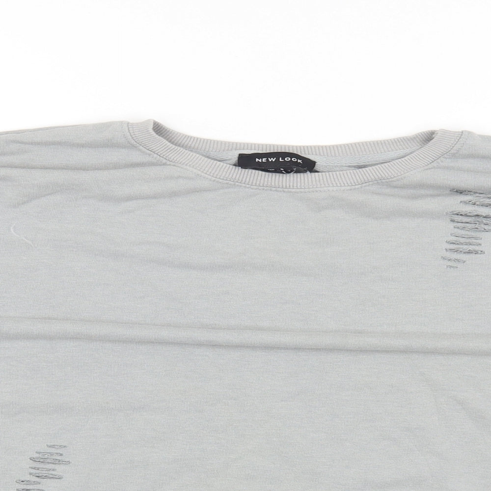 New Look Womens Grey Cotton Pullover Sweatshirt Size S Pullover - Ripped Detail