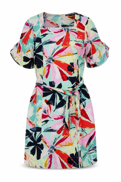 Marks and Spencer Womens Multicoloured Geometric Linen Fit & Flare Size 8 Square Neck Pullover