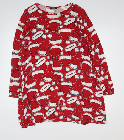 Sara Womens Red Geometric Viscose Sheath Size S Round Neck Pullover - Christmas Santa Hats