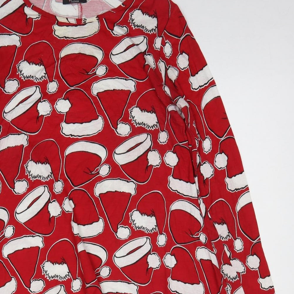 Sara Womens Red Geometric Viscose Sheath Size S Round Neck Pullover - Christmas Santa Hats