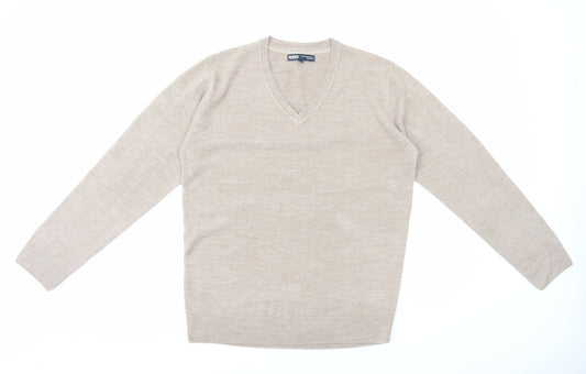 Easy Mens Beige V-Neck Acetate Pullover Jumper Size M