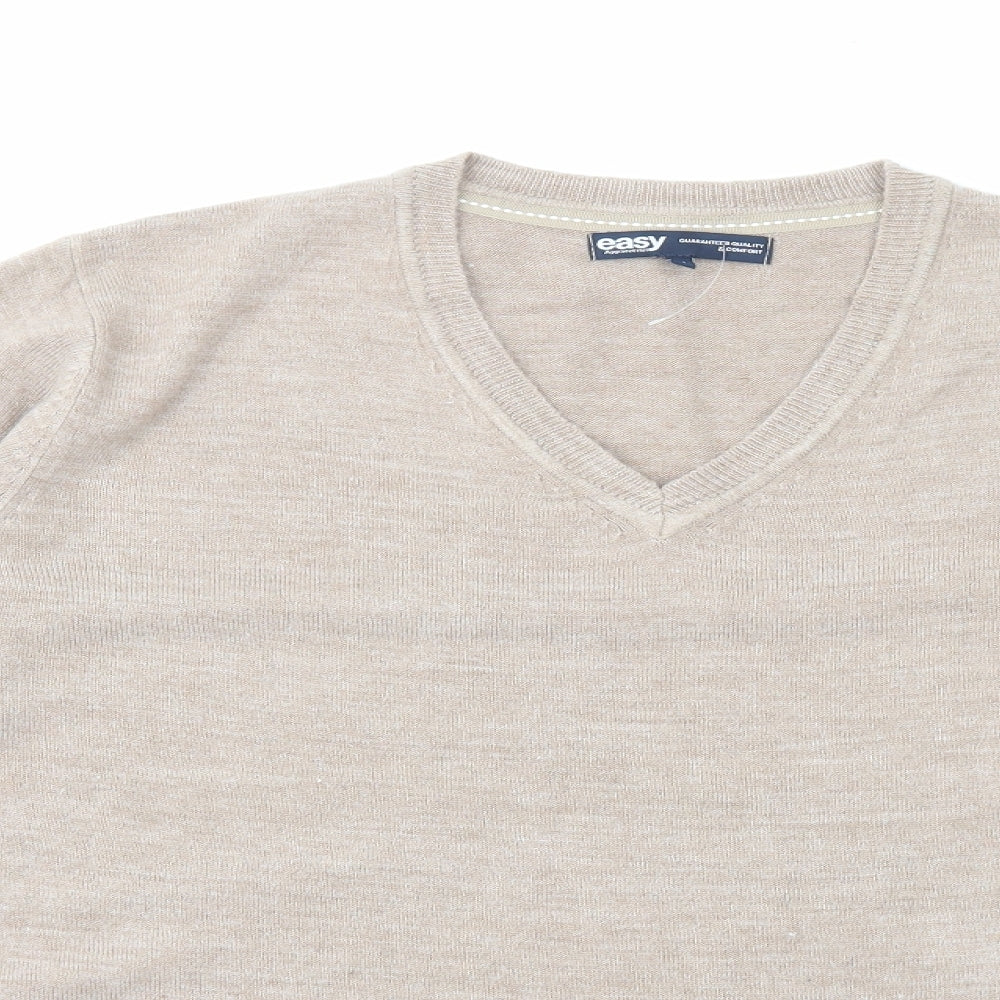 Easy Mens Beige V-Neck Acetate Pullover Jumper Size M
