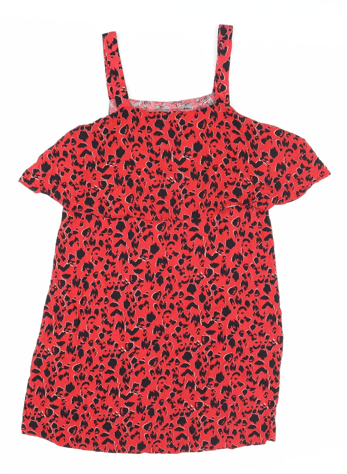 Peacocks Womens Red Animal Print Viscose Tank Dress Size 12 Square Neck Pullover