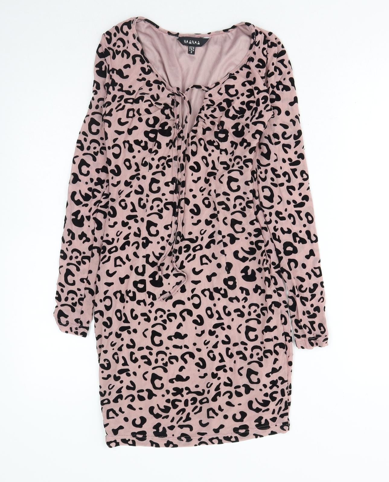Naanaa Womens Pink Animal Print Viscose Mini Size 8 Round Neck Zip