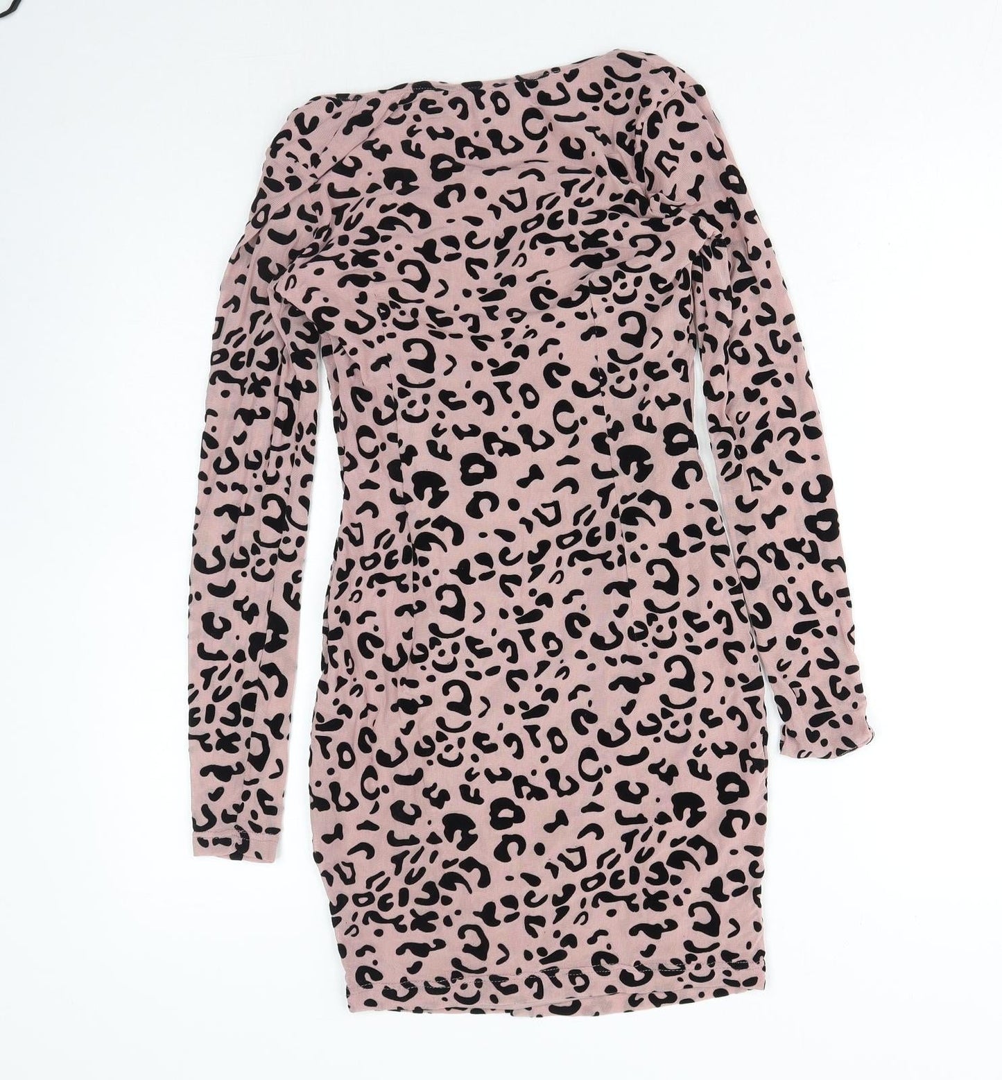 Naanaa Womens Pink Animal Print Viscose Mini Size 8 Round Neck Zip