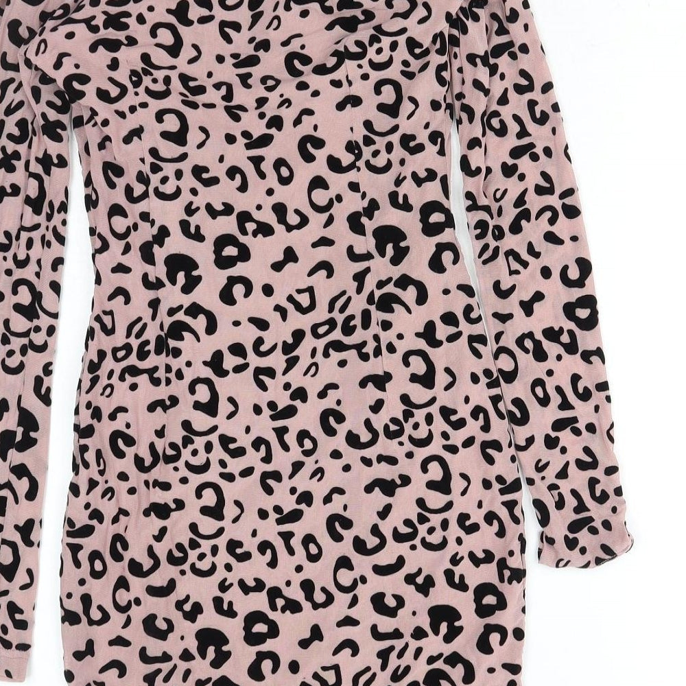 Naanaa Womens Pink Animal Print Viscose Mini Size 8 Round Neck Zip