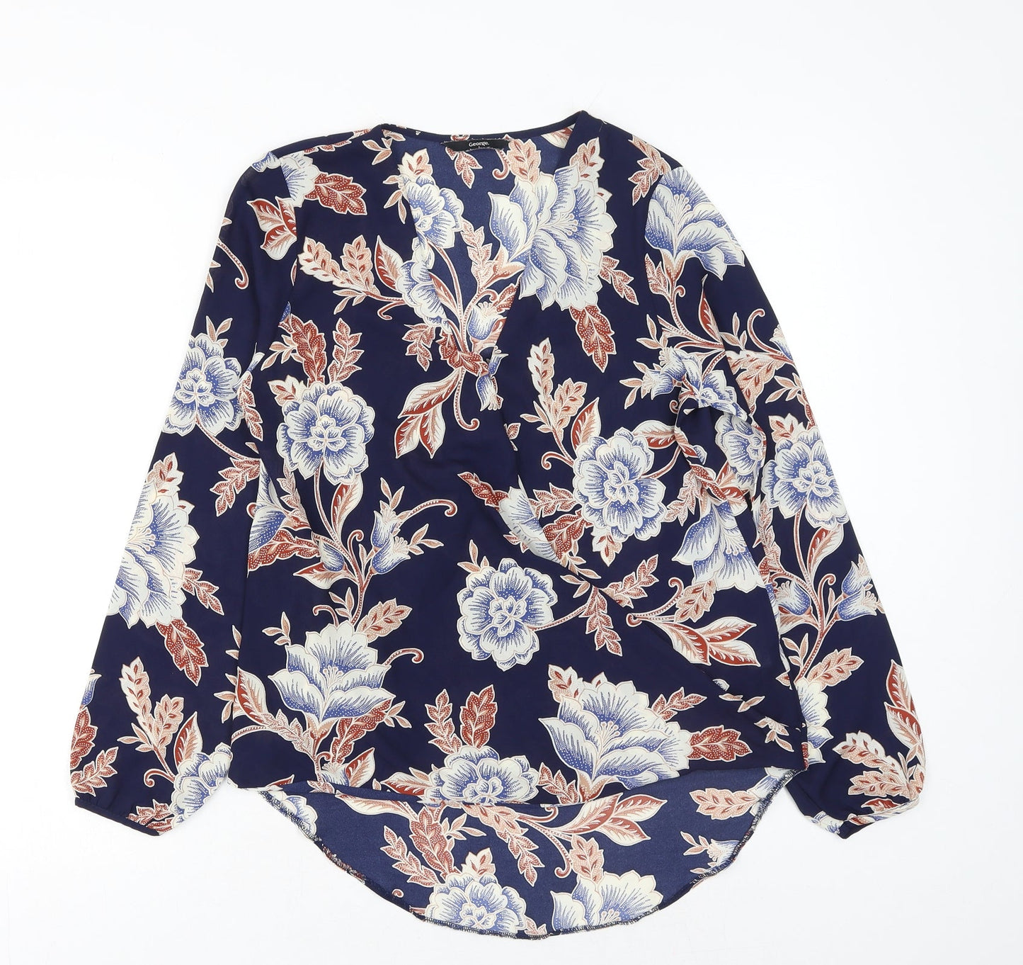 George Womens Blue Floral Polyester Wrap Blouse Size 10 V-Neck