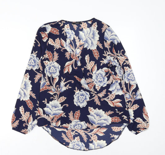 George Womens Blue Floral Polyester Wrap Blouse Size 10 V-Neck