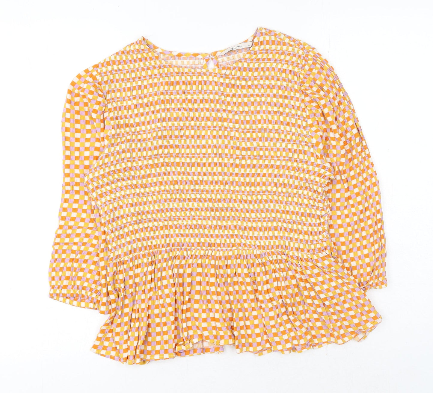 TU Womens Orange Geometric Viscose Basic Blouse Size 12 Round Neck - Peplum