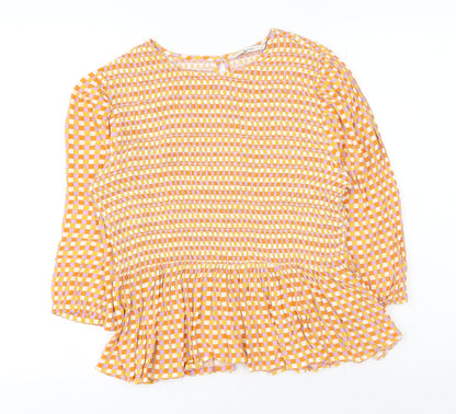 TU Womens Orange Geometric Viscose Basic Blouse Size 12 Round Neck - Peplum
