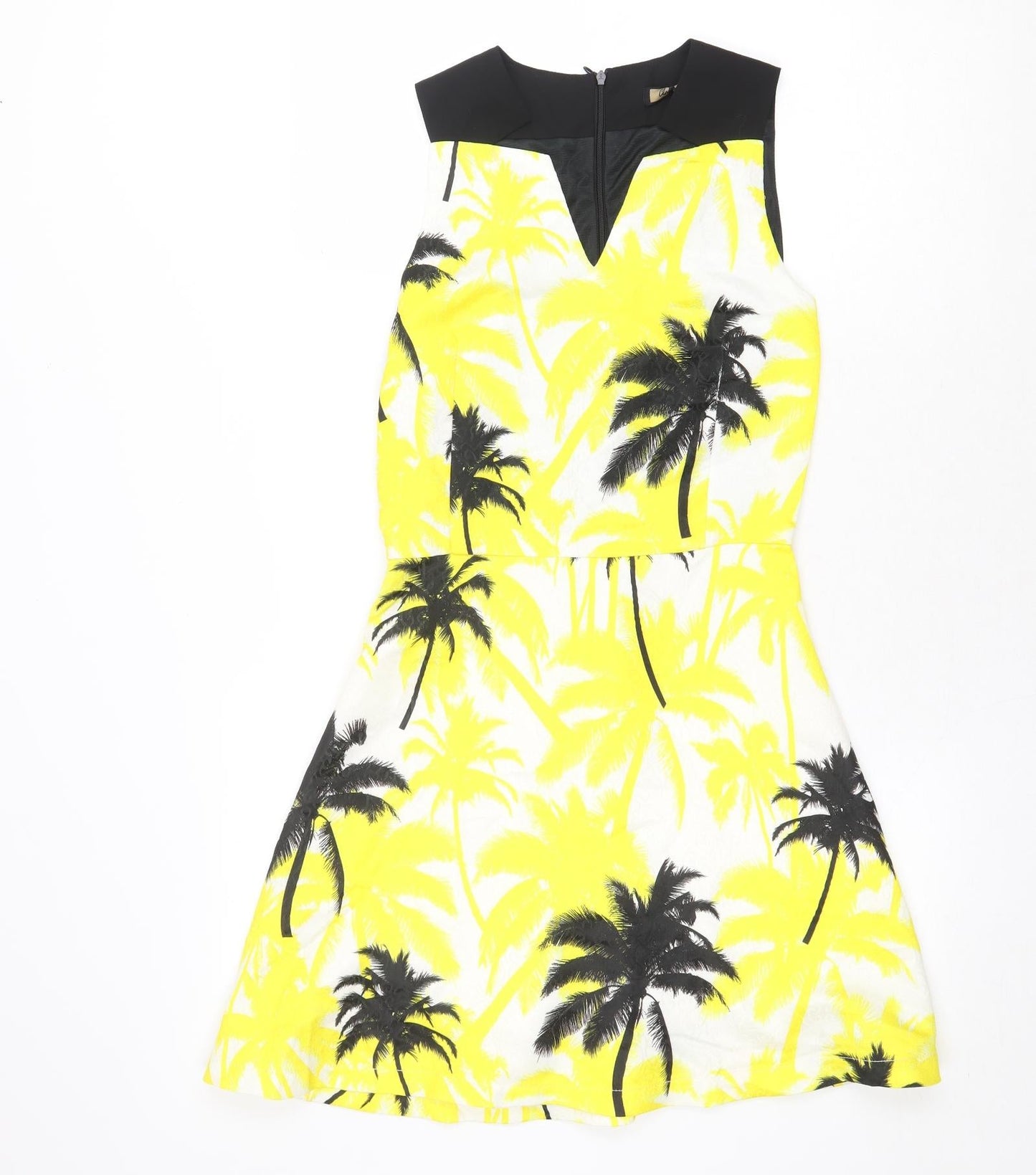 Classic Tricot Womens Yellow Geometric Polyester Fit & Flare Size S V-Neck Zip - Palm Trees