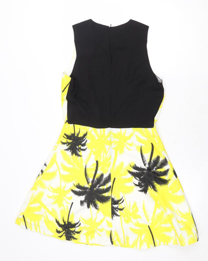 Classic Tricot Womens Yellow Geometric Polyester Fit & Flare Size S V-Neck Zip - Palm Trees