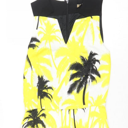 Classic Tricot Womens Yellow Geometric Polyester Fit & Flare Size S V-Neck Zip - Palm Trees