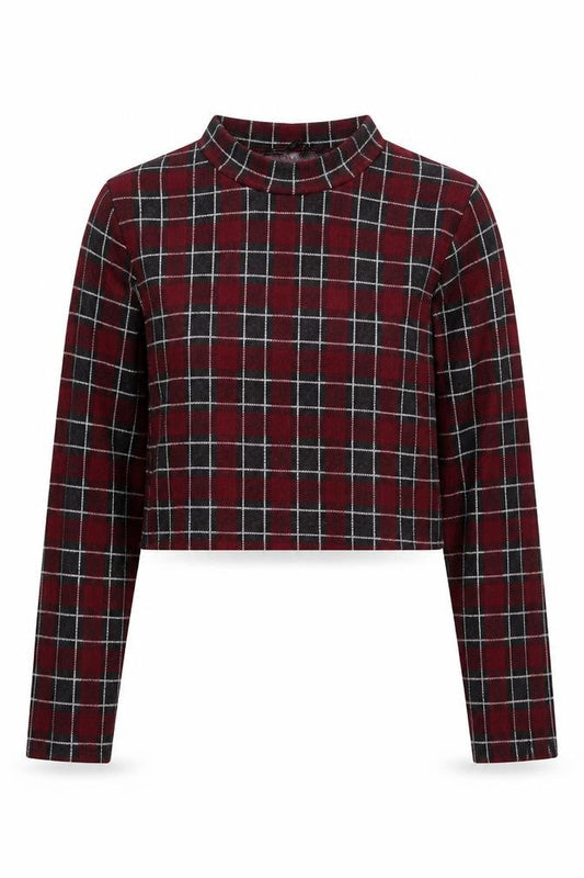 pull Womens Red Plaid Polyester Cropped T-Shirt Size M Round Neck