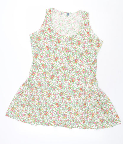 Evie Womens White Floral 100% Cotton A-Line Size 14 Scoop Neck Pullover