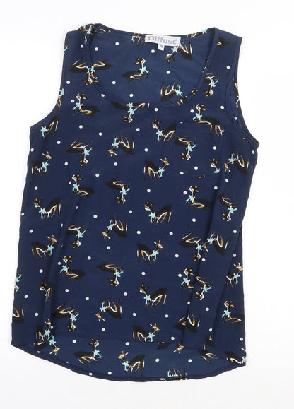 Diffuse Womens Blue Geometric Polyester Basic Tank Size 10 Round Neck - Reindeer Pattern