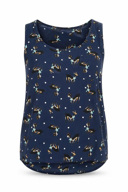 Diffuse Womens Blue Geometric Polyester Basic Tank Size 10 Round Neck - Reindeer Pattern