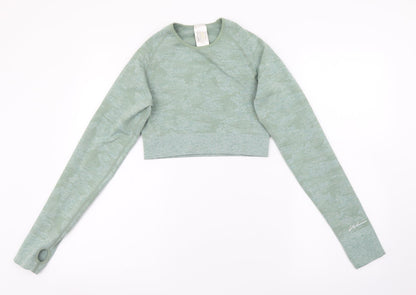 Boohoo Womens Green Polyamide Cropped T-Shirt Size L Round Neck Pullover