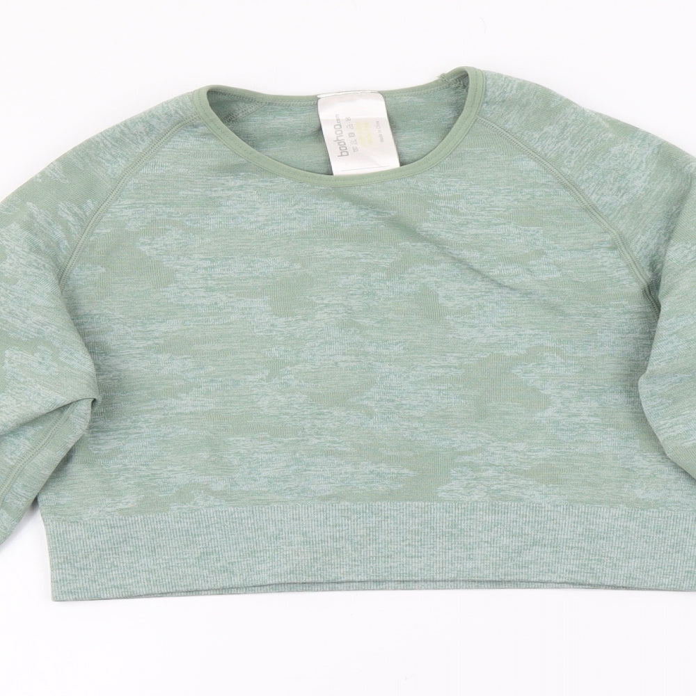 Boohoo Womens Green Polyamide Cropped T-Shirt Size L Round Neck Pullover