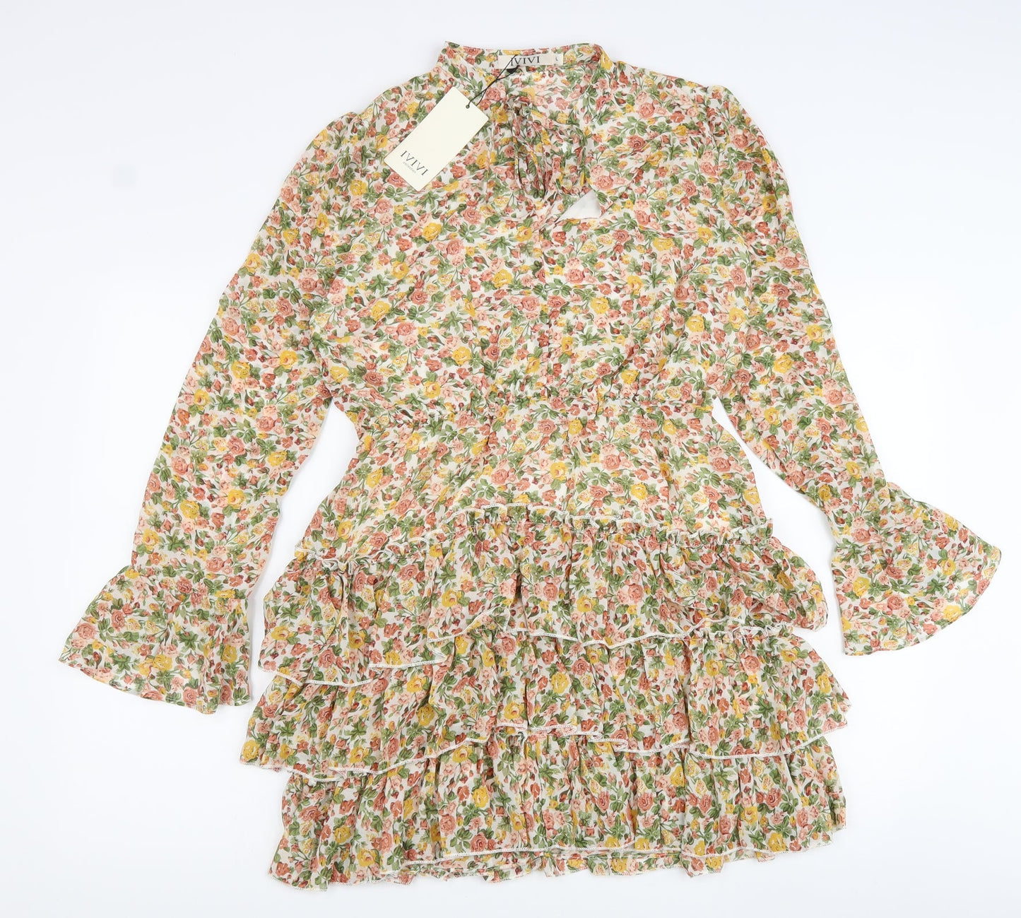 IVIVI Womens Multicoloured Floral Polyester Mini Size L V-Neck Lace Up