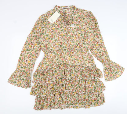 IVIVI Womens Multicoloured Floral Polyester Mini Size L V-Neck Lace Up
