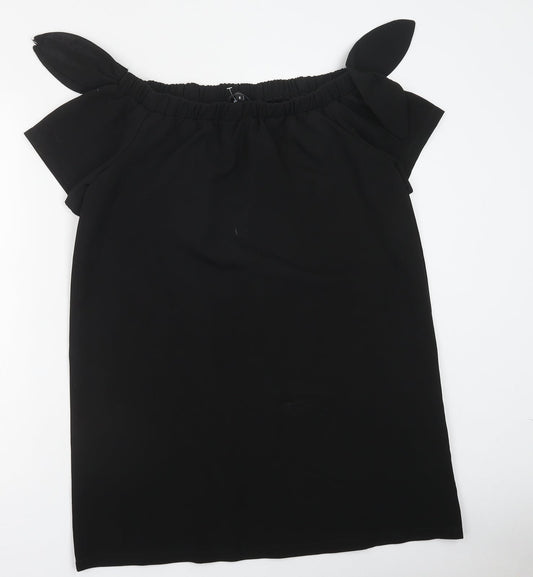 PRETTYLITTLETHING Womens Black Polyester T-Shirt Dress Size 8 Off the Shoulder Pullover