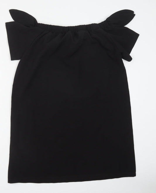 PRETTYLITTLETHING Womens Black Polyester T-Shirt Dress Size 8 Off the Shoulder Pullover