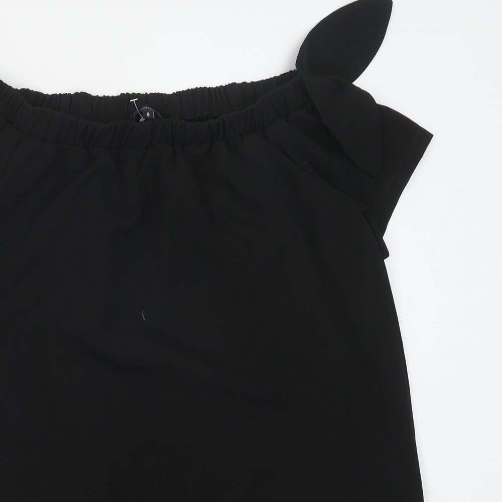 PRETTYLITTLETHING Womens Black Polyester T-Shirt Dress Size 8 Off the Shoulder Pullover