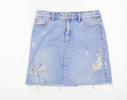 F&F Womens Blue Cotton A-Line Skirt Size 6 Zip - Distressed Look