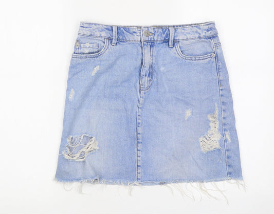 F&F Womens Blue Cotton A-Line Skirt Size 6 Zip - Distressed Look