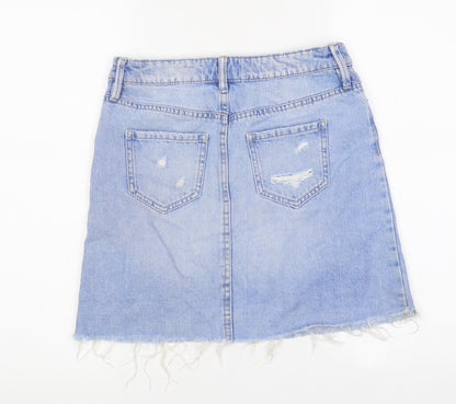 F&F Womens Blue Cotton A-Line Skirt Size 6 Zip - Distressed Look