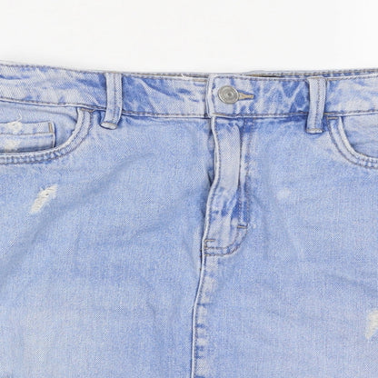 F&F Womens Blue Cotton A-Line Skirt Size 6 Zip - Distressed Look