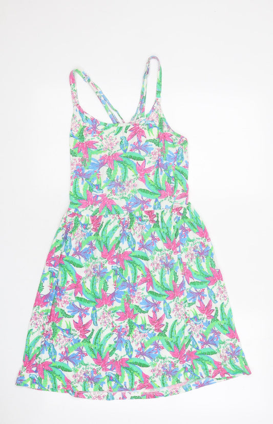 Ocean Club Womens Multicoloured Floral 100% Cotton Skater Dress Size 6 Round Neck Pullover