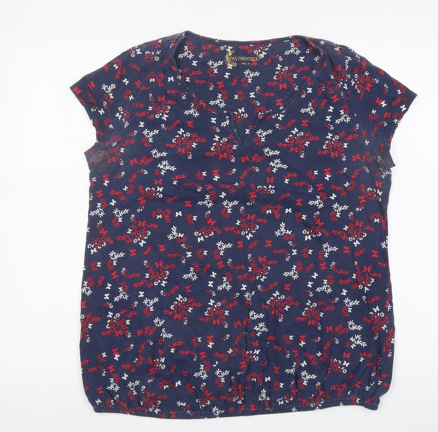 Authentic Womens Blue Floral Polyester Basic Blouse Size 16 V-Neck