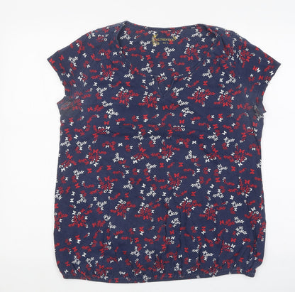 Authentic Womens Blue Floral Polyester Basic Blouse Size 16 V-Neck