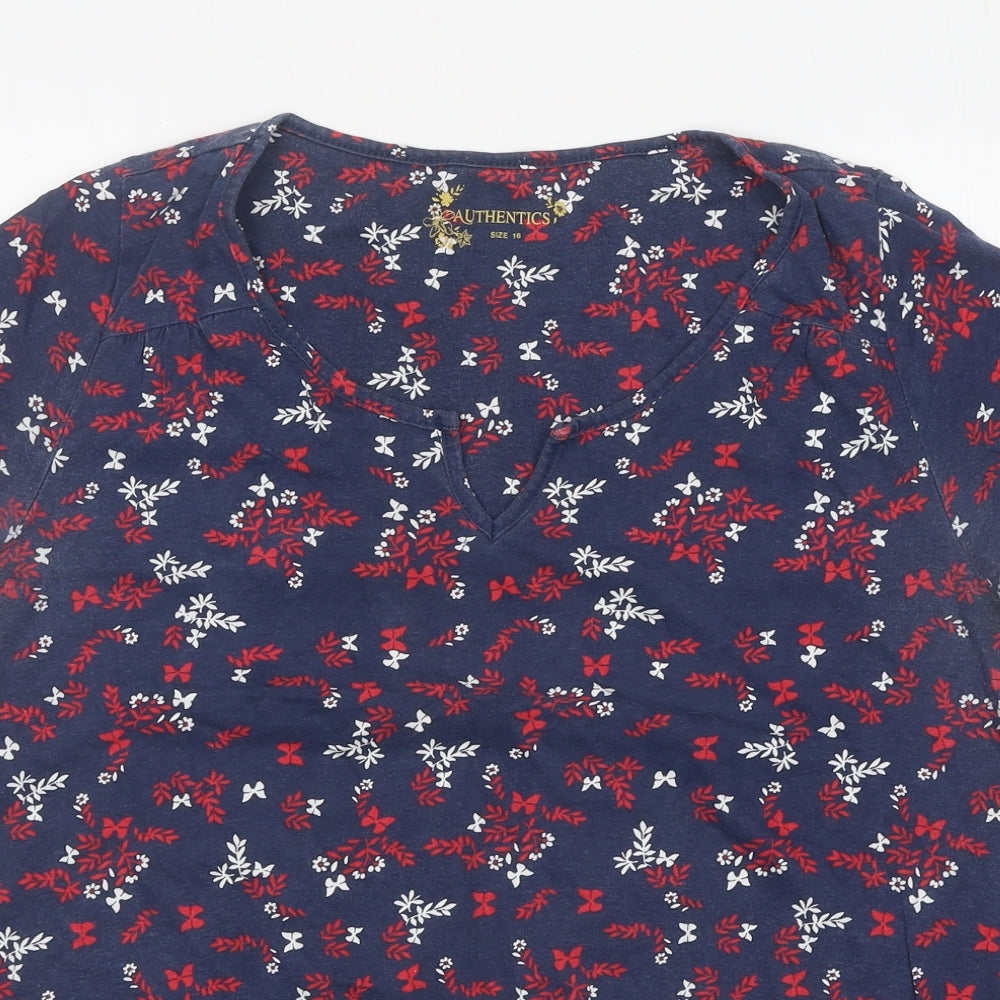 Authentic Womens Blue Floral Polyester Basic Blouse Size 16 V-Neck