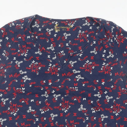 Authentic Womens Blue Floral Polyester Basic Blouse Size 16 V-Neck