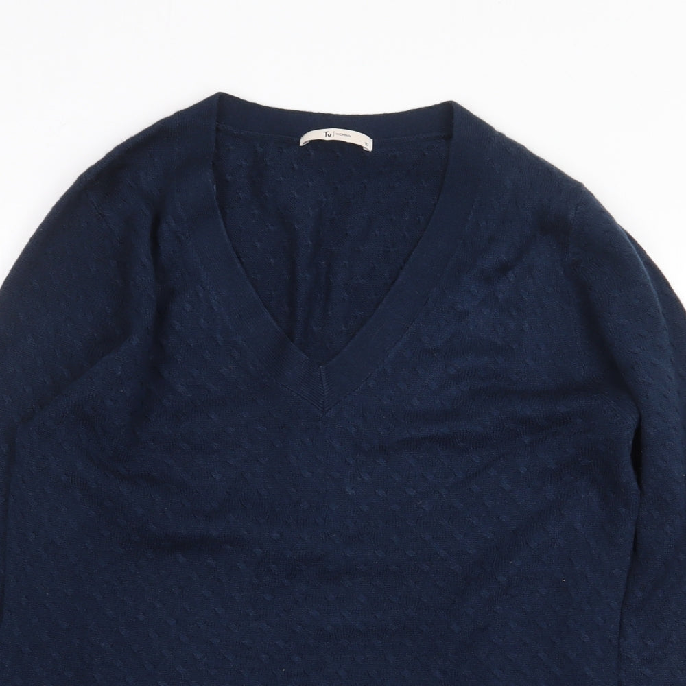TU Womens Blue V-Neck Geometric Acrylic Pullover Jumper Size 10