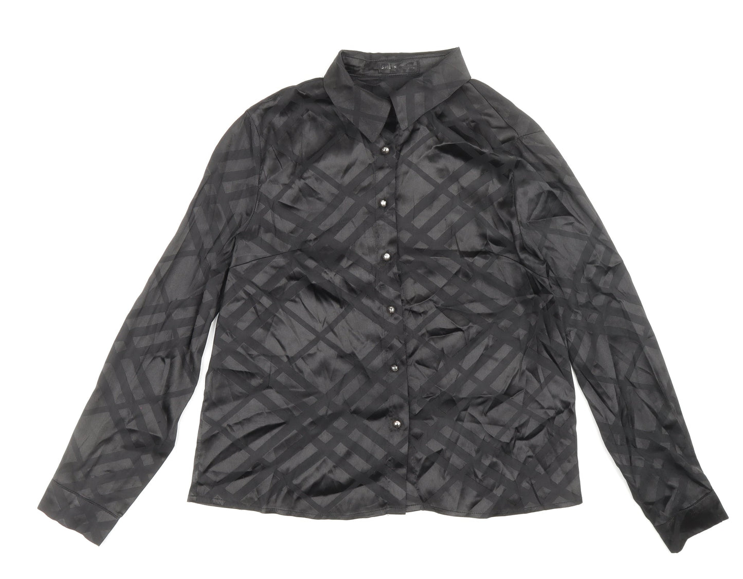 SheIn Womens Black Geometric Polyester Basic Button-Up Size 8 Collared